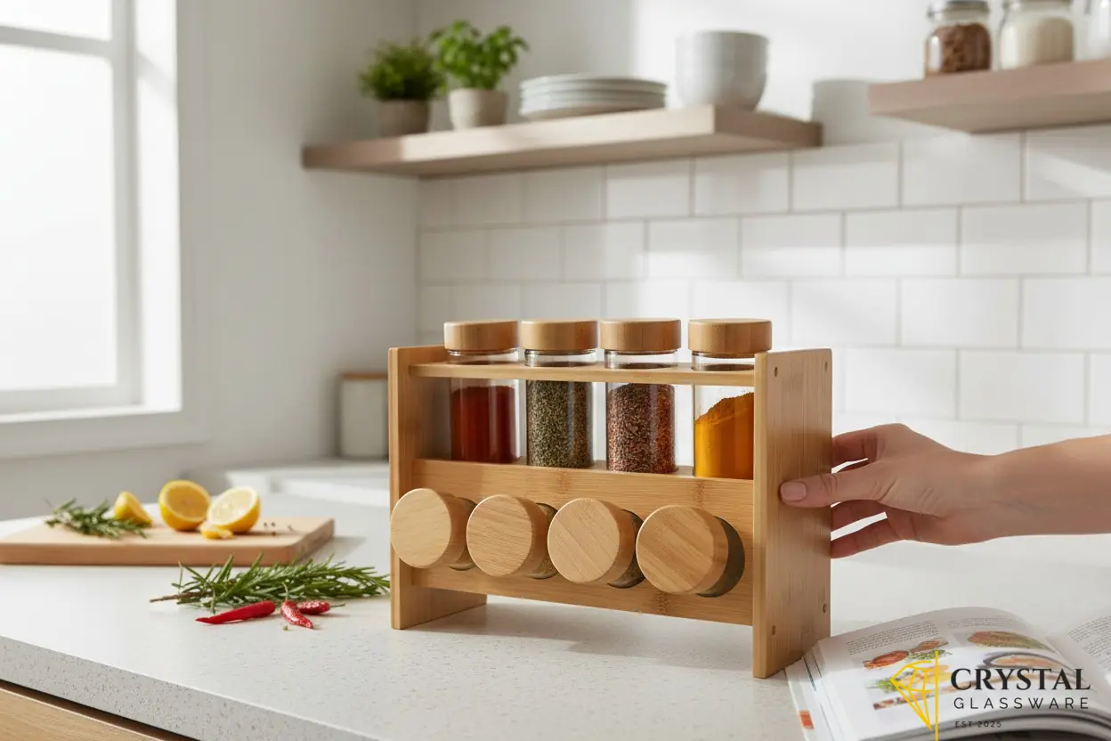 2-tier Billi bamboo spice rack featuring glass jars with wooden lids